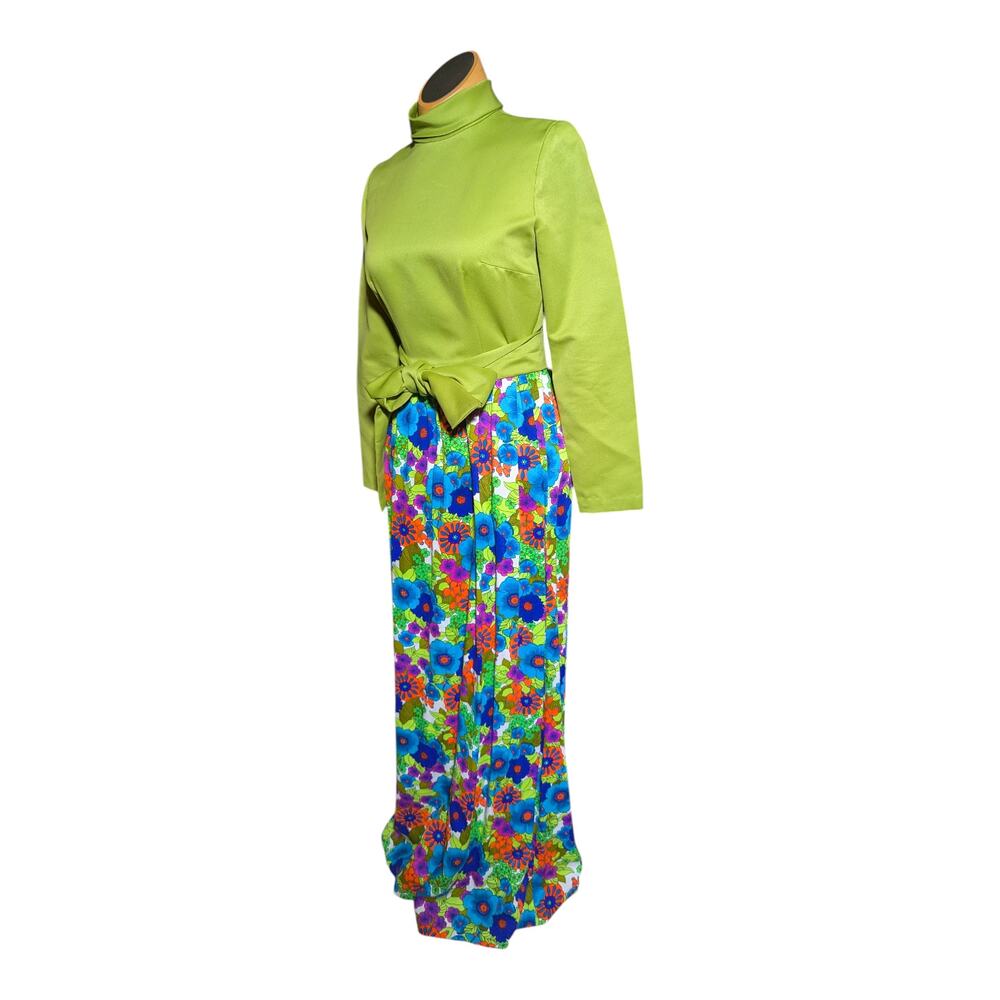 Vtg 1970s Lime Green Mock Neck Barkcloth Neon Mod Floral Maxi Dress Sz 6